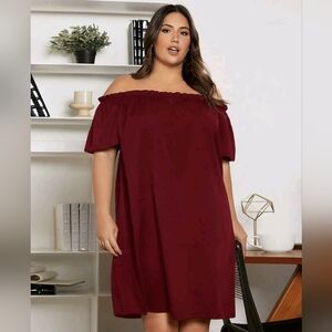 Burgundy Off Shoulder Frill Trim Tunic Dress Sz 1X